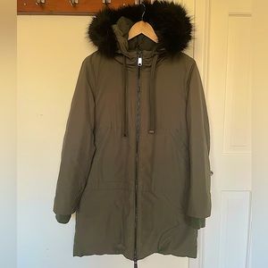 Zara Basics Long Parka Deep Olive with Black Faux Fur Lined Hood Size Small